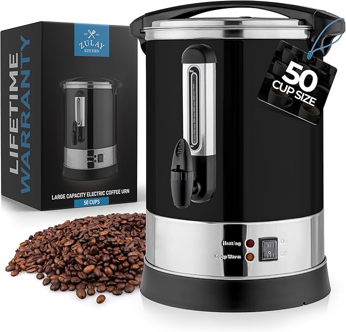 Zulay Commercial Coffee Maker Machine Urn - Large Percolator Pot Dispenser With Double-Wall Stainless Steel, Quick Brew, Stays Hot - Also for Water, Tea, Beverage at Events & Catering - 50 Cup Black
