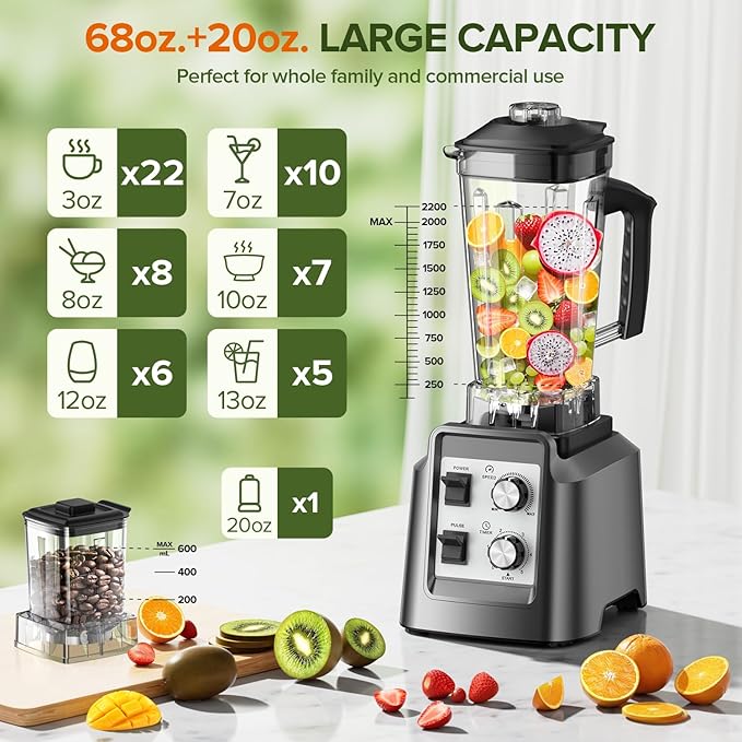 Blenders for Kitchen, Blender & Grinder Combo, Smoothie Blender, 68Oz Pitcher for Crushing Ice, Puree and Frozen Fruit with Autonomous Clean, BPA-Free