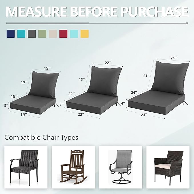 22x22 Inch Patio Chair Cushions Set of 2, Outdoor Furniture Cushions - Removable Cover, Water-Repellent, Fade-Resistant, Non-Slip Bottom & Straps, Replacement for Lawn, Porch & Deck Chair - Dark Grey