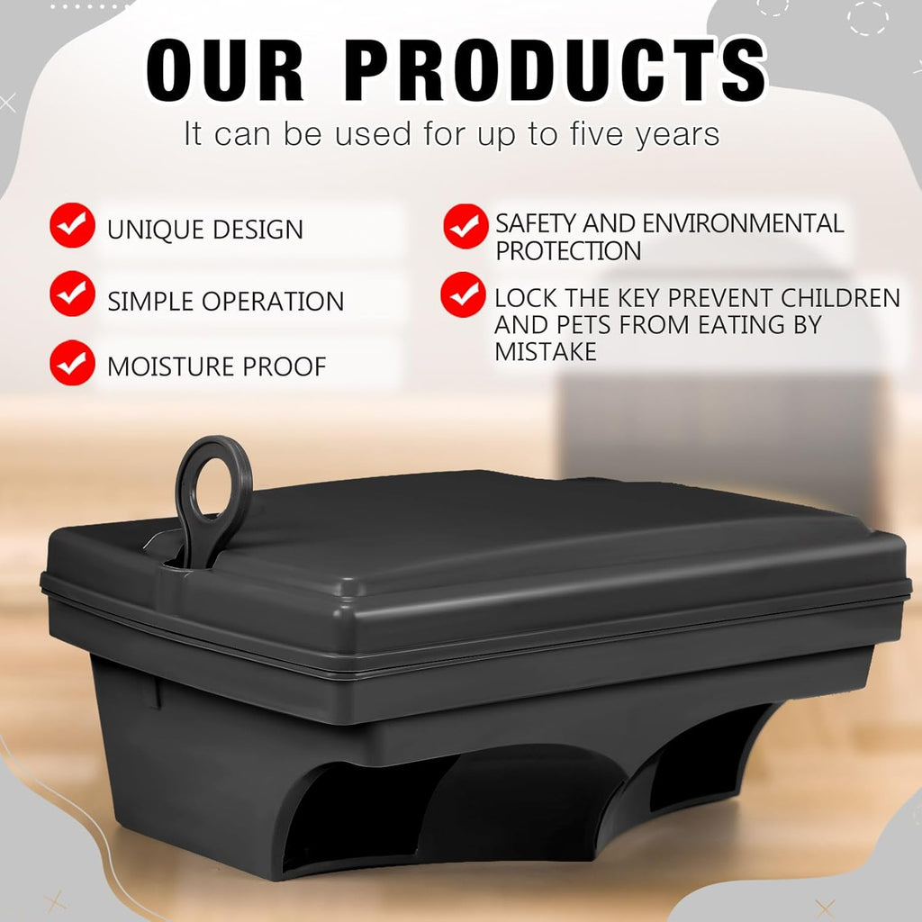 Qualirey 6 Pack Rat Bait Stations with 6 Keys Reusable Heavy Duty for Rodents Outdoor Mouse Poison Holder Large Station Traps for Mice Pests, Bait Not Included(Black)