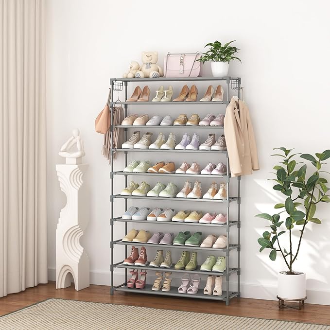 10 Tiers Shoe Rack 50 Pairs Large Capacity Tall Shoe Organizer Sturdy Shoe Storage with Two Hooks Space Saving Metal Wide Shoe Rack for Closet, Entryway, Bedroom, Grey