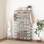 10 Tiers Shoe Rack 50 Pairs Large Capacity Tall Shoe Organizer Sturdy Shoe Storage with Two Hooks Space Saving Metal Wide Shoe Rack for Closet, Entryway, Bedroom, Grey