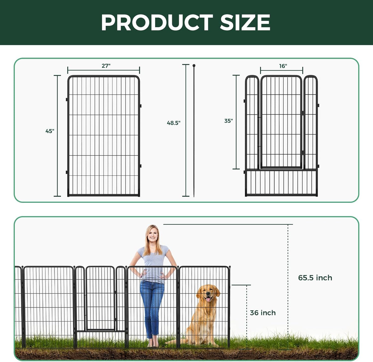 FXW Garden Fence Outdoor for The Yard – 45in(H) x 36.4ft(L) Heavy Duty Metal Animal Barrier for Dog and Rabbit, Decorative Dog Fence, 16 Panels, Black