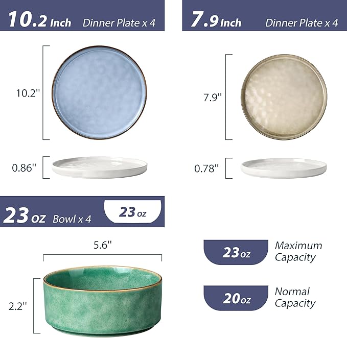 LIANYU 12 Piece Dinnerware Sets, Stoneware Tableware Dish Set for 4, Plates and Bowls Dishware for Dinner Dessert Pasta, Chip & Scratch Resistant, Multi-color