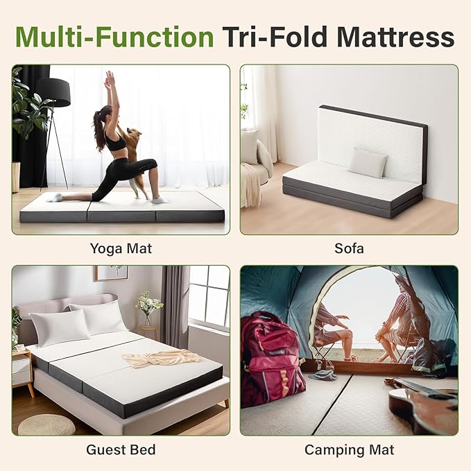Folding Mattress 4in Single Memory Foam Tri-Folding Mattress with Washable Cover Foldable Floor Mat for Guest Bed, Camping, Yoga, RV Travel, White, (Size: 25" L x 75" W x 4" Th)