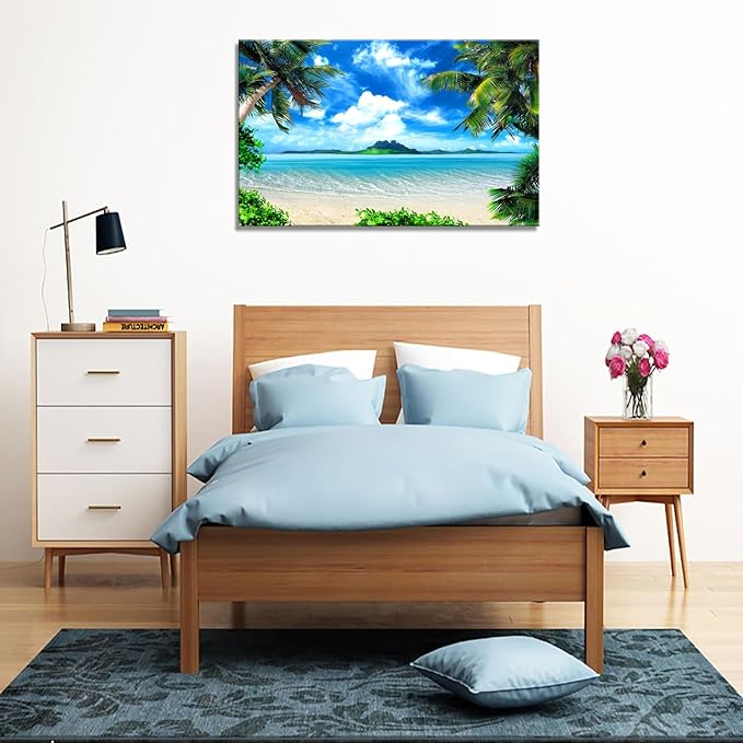 DZL Art S72781 Canvas Wall Art Ocean Waves Coconut Trees on Sands Beach Seascape Scenery Painting Nature Picture for Bedroom Home Office Wall Decor