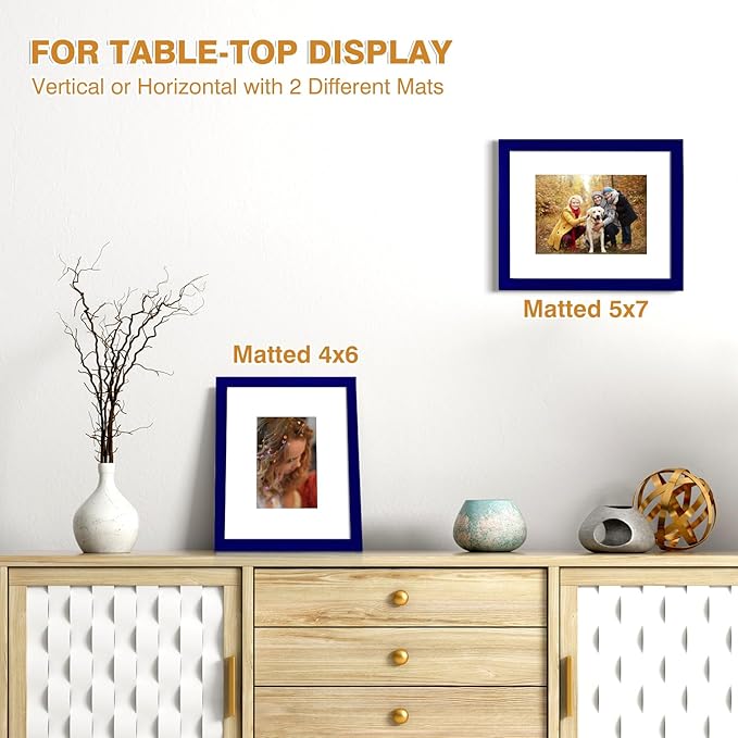 KINLINK 8x10 Picture Frame Navy, Solid Wood Frames with Acrylic Plexiglass for Pictures 4x6/5x7 with Mat or 8x10 without Mat, Tabletop and Wall Display Photo Frame, Set of 4
