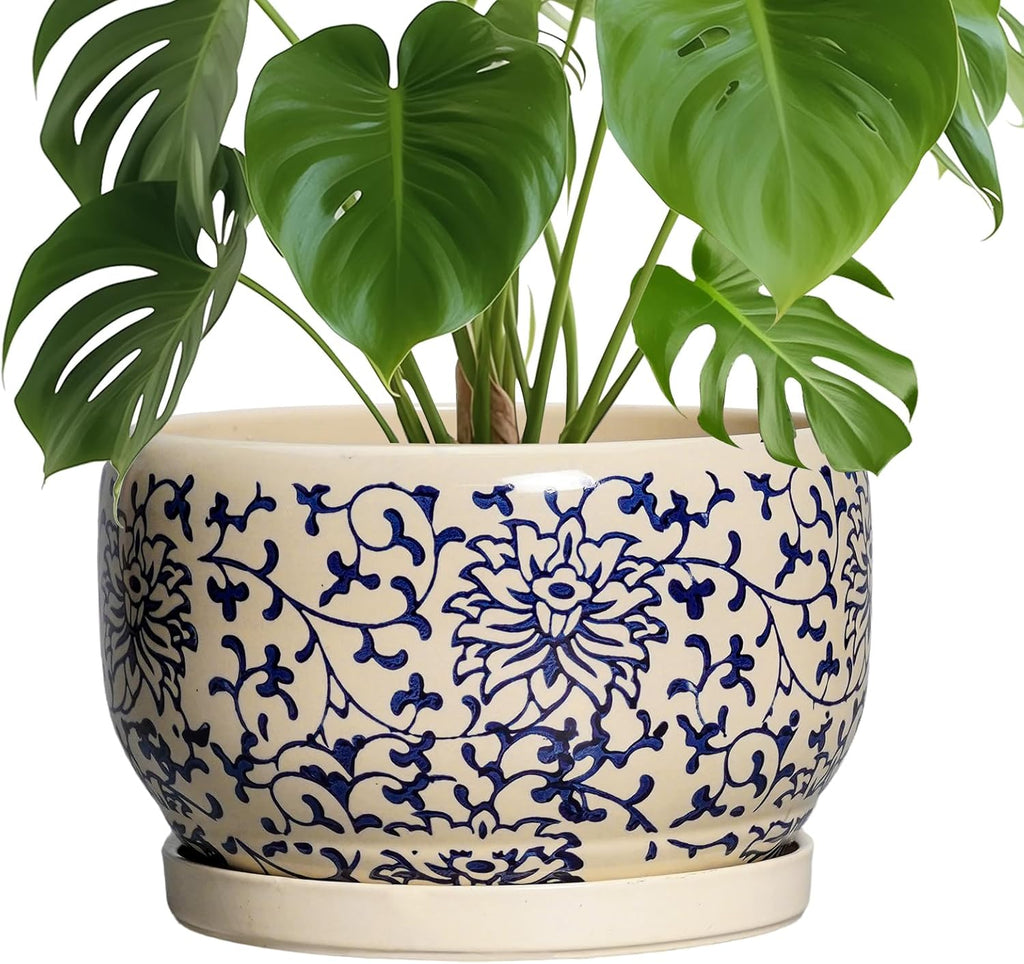 SQOWL 10 Inch Plant Pot Indoor - Ceramic Planter with Drainage Hole and Tray, Large Ceramic Flower Pots Outdoor, Porcelain Decorative Round Planter, Room Decor, Gifts for Plant Lovers, Blue and Beige