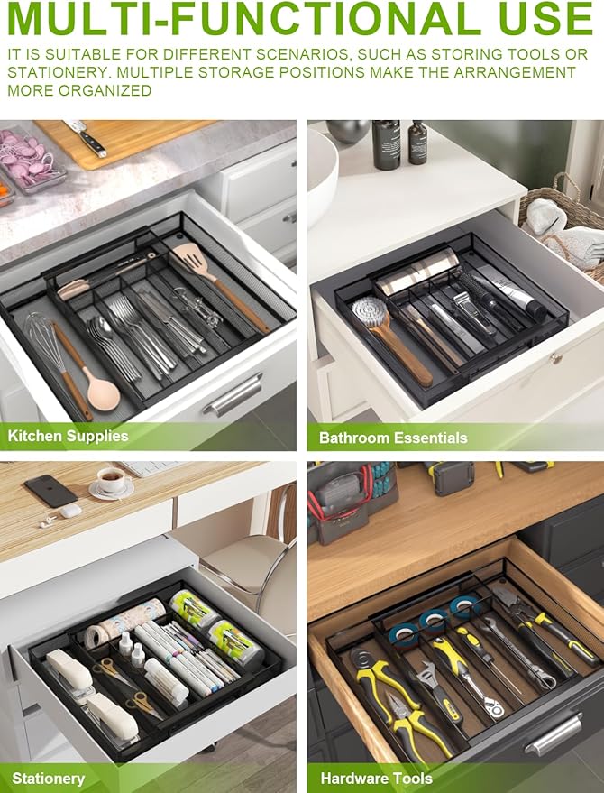 Silverware Organizer Metal Mesh, Drawer Organizer, Utensil Cutlery Tray for kitchen drawers,Expandable Flatware Organizer with 7 Compartment Black 9.4"~17.3" x 13.7"
