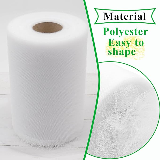 White Tulle Fabric Rolls 6 Inch by 100 Yards (300 feet) Fabric Spool Tulle Ribbon for DIY White Tutu Bow Baby Shower Birthday Party Wedding Decorations Christmas Gift Wrapping Craft Supplies