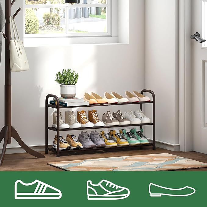 Expandable Shoe Rack for Closet, 3-Tier Shoe Organizer for Closet, Metal Adjustable Black Shoe Shelf Storage Organizer, Free Standing Shoe Rack for Entryway