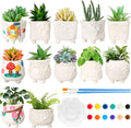 Hushee 12 Sets Ceramic Succulent Planters Paintable Succulent Plant Pots Small DIY Figurines Unpainted Pots with Drainage Hole Color Paints Paintbrushes Palettes