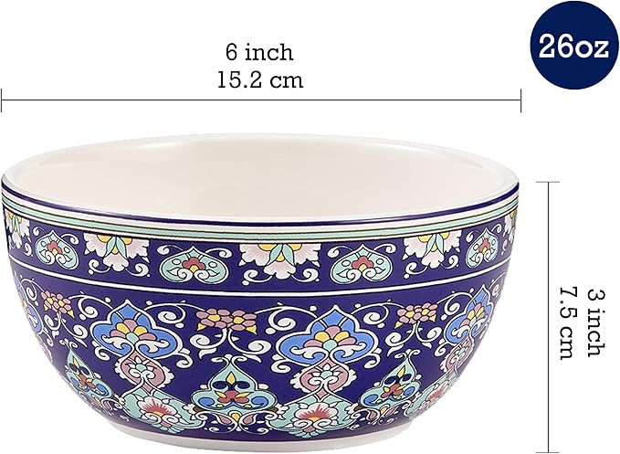 Bico Mandala Kaleidoscope Cereal Bowls Set of 4, 26 oz Deep Ceramic Soup Bowls for Cereal, Salad, Noodles, Kitchen, Microwave and Dishwasher Safe, Gift for Housewarming and Thanksgiving