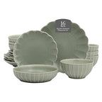 Gibson Elite Malibu Shore 16 Piece Scallop Stoneware Reactive Glaze (Service for 4) Ceramic Plates and Bowls Dinnerware Set - Green