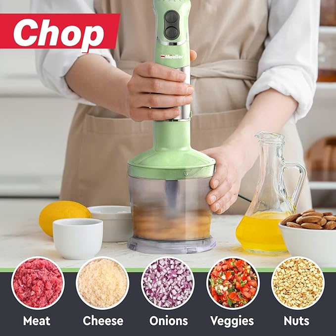 Mueller Multistick 800W 5-in-1 Immersion Blender Handheld, 12 Speed Hand Mixer - Turbo Boost, Heaviest Duty Copper Motor, Titanium Blades Hand Blender, Milk Frother Wand, Green Kitchen Accessories