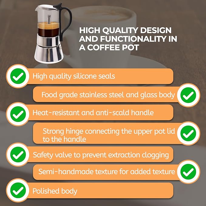 Clear Glass Moka Pot 6 Cup 350ml Stainless Steel Coffee Maker Uncoated Stovetop Espresso Percolator Coffeemaker Italian Classic Style Brewing Greca Cafe Mocha Machine for Cafeteras Camping Travel Home