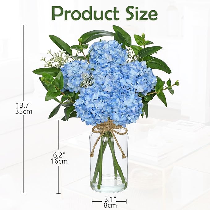 Hollyone Blue Hydrangea Artificial Flowers in Clear Glass Vase with Faux Water Silk Hydrangeas Fake Flowers Floral Arrangement for Home Bathroom Kitchen Office Table Centerpiece Shelf Decorations