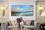 Arjun Ocean Teal Wall Art Canvas Coastal Beach Painting Blue Turquoise Landscape Sunset Picture, Panoramic Gold Foil Textured Large Artwork Framed for Living Room Bedroom Bathroom Wall Decor 48"x24"