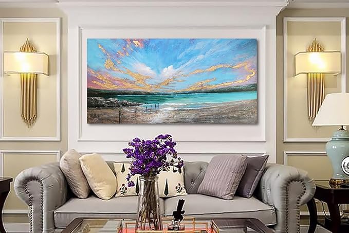Arjun Ocean Teal Wall Art Canvas Coastal Beach Painting Blue Turquoise Landscape Sunset Picture, Panoramic Gold Foil Textured Large Artwork Framed for Living Room Bedroom Bathroom Wall Decor 48"x24"