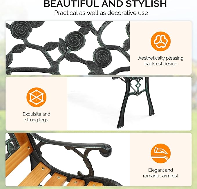 VINGLI Outdoor Bench Metal Garden Bench, Wood Patio Benches w/PVC Backrest Cast Iron Love Seat Park Benches for Porch Yard (Rose)