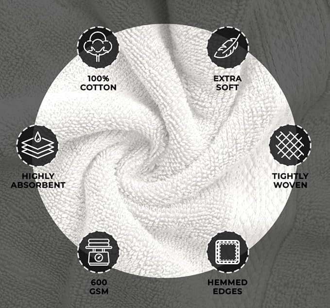 Avalon Towels Luxury 8 Piece Towels Set, 2 Bath Towels, 2 Hand Towels and 4 Washcloths, 600 GSM 100% Ring Spun Cotton Highly Absorbent Bathroom Towel Set, Ideal for Hotel, Spa and Gym (White)