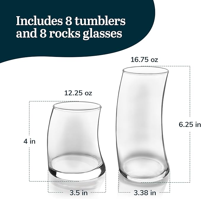 Libbey Swerve Drinking Glasses Set of 16, Dishwasher Safe, Chip Resistant Everyday Drinking Glasses, Fun and Edgy Set of Glasses for Special Events