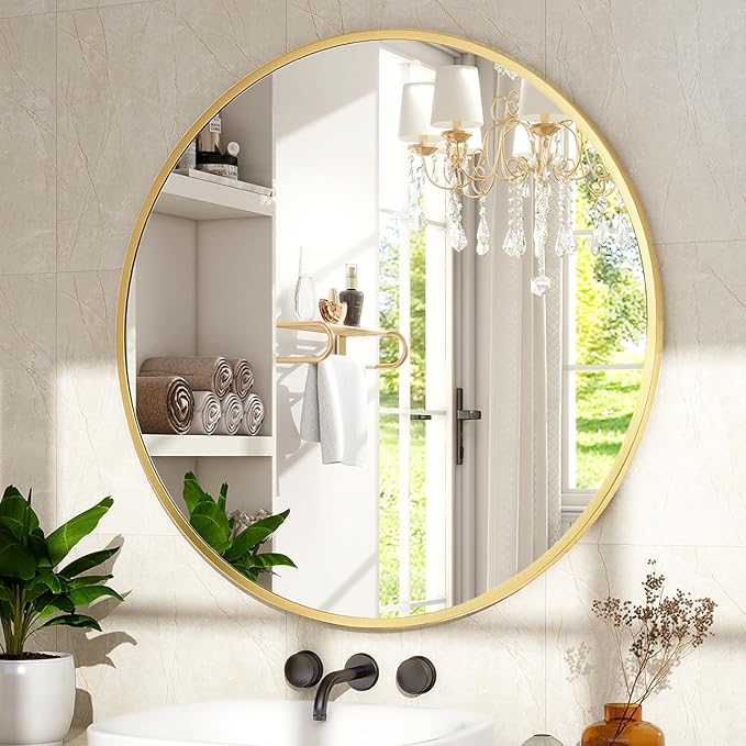 32 Inch Round Gold Metal Wall Mirror - Stylish Circle Mirror for Entryway, Bathroom, and Living Room Decor | Matte Gold Circle Wall Mirror