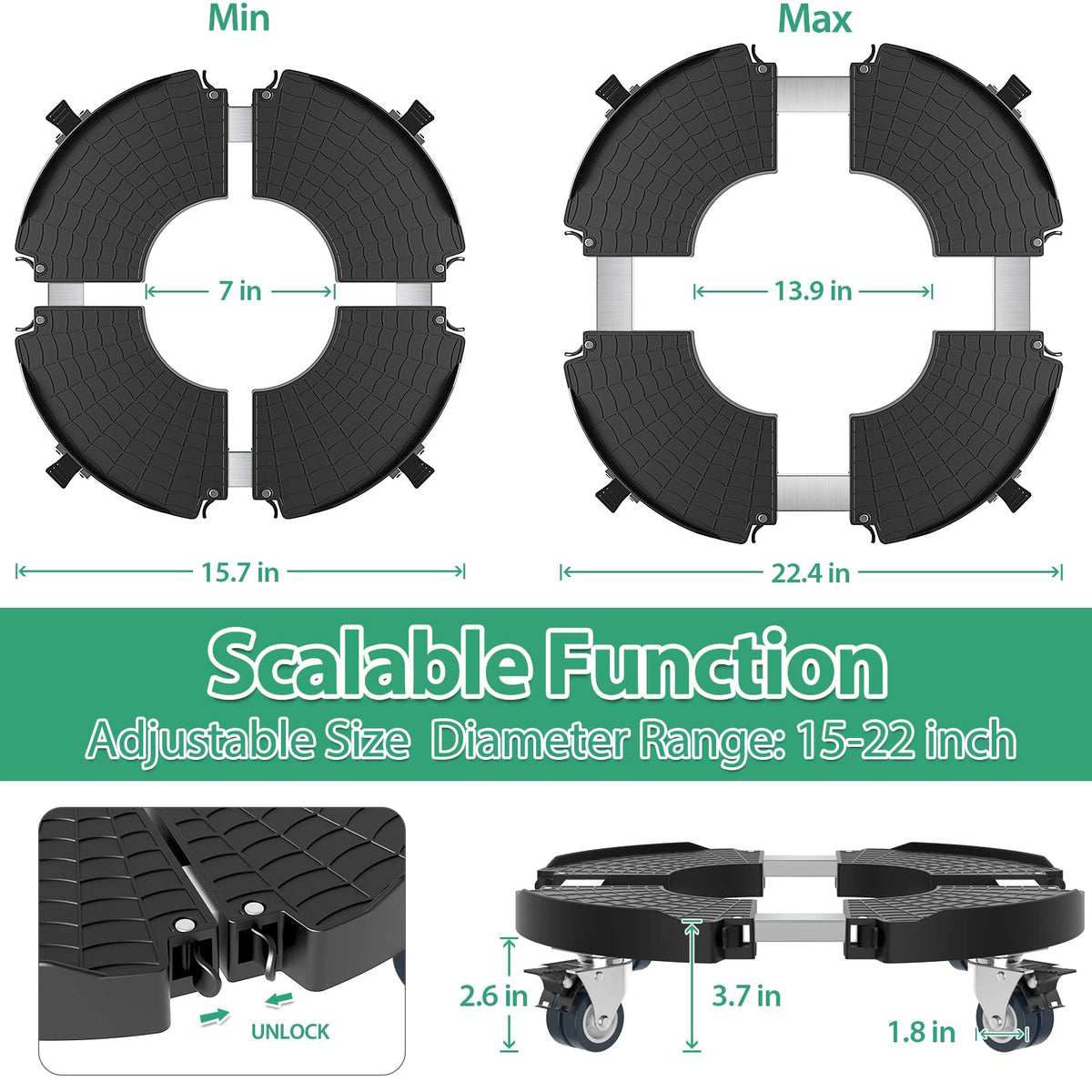 VANCASTLE Plant Caddy with Lockable Wheels 15-22'' Adjustable Plant Stand