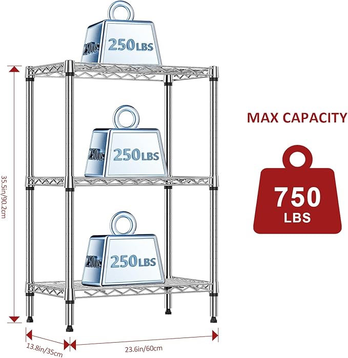 IZEUK 3 Tier Heavy Duty Steel Storage Shelves, Metal Shelf Wire Shelving Rack for Pantry, Kitchen, Cloakroom or Office Organization (13.8" D x 23.6" W x 35.5" H, 750LBS, Chrome)