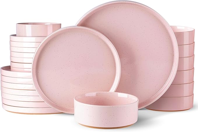 AmorArc Ceramic Dinnerware Set for 8 | Speckled Stoneware Plates and Bowls with Rustic Terracotta Underside| Scratch Resistant,Dishwasher & Microwave Safe Dishes Sets- 24pcs Pink