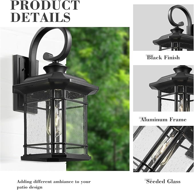 Emliviar Outdoor Wall Lantern Fixture with E26 Base, Large 21.9 Inch Exterior Wall Light with Seeded Glass, Black Finish, 2084B-L BK