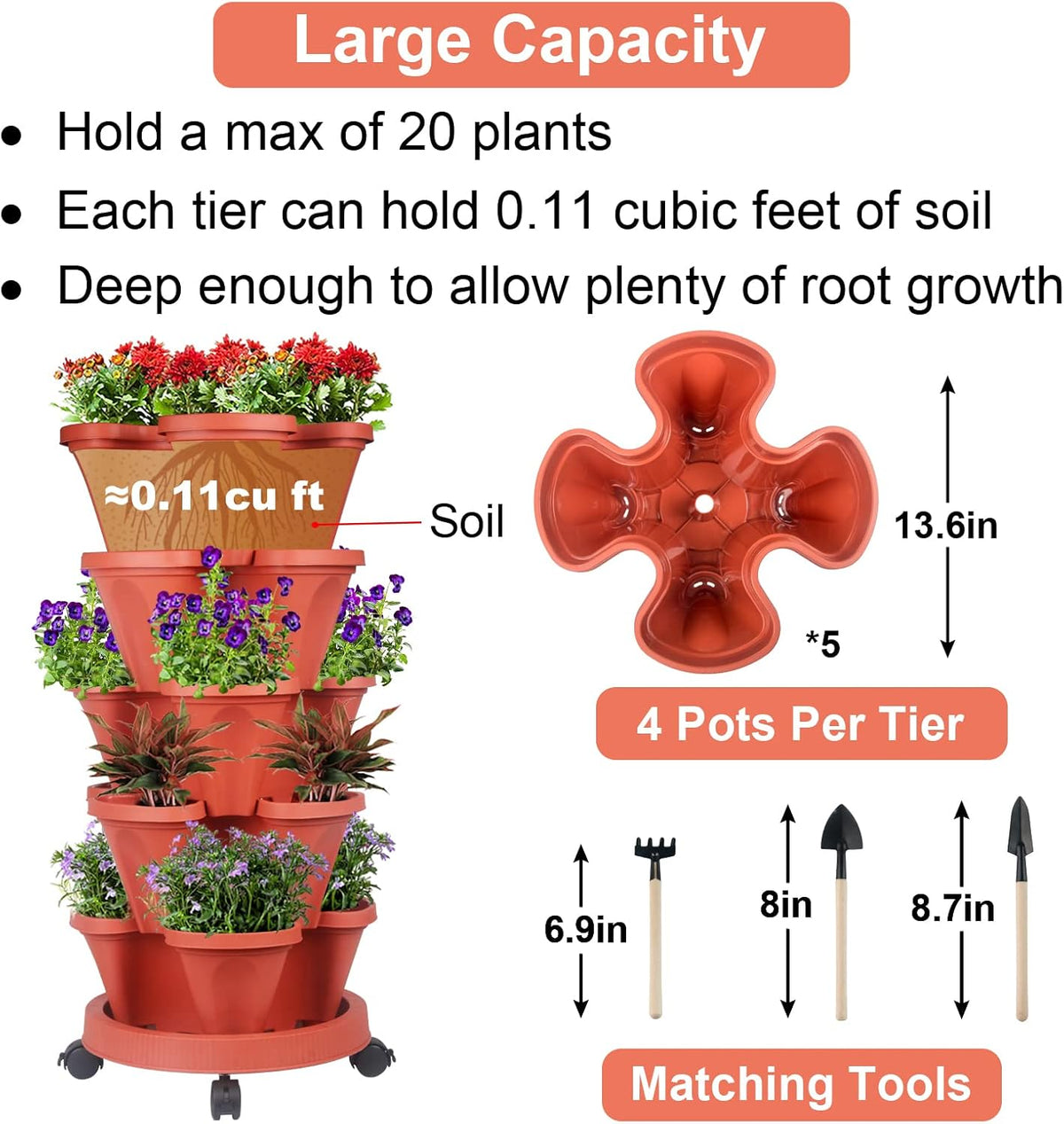 Vertical Planter 5 Tier Stackable Planters Garden Planters Strawberry Herb Flower and Vegetable Planter Indoor Outdoor Gardening Pots with Removable Wheels and Tools
