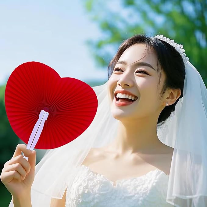 12 Packs Decorative Paper Folding Hand Fans Handheld,Red Heart Foldable Wedding Fans Chinese and Japanese Fans Bulk for Bridal Guest Church Party Favors Dancing Birthday DIY