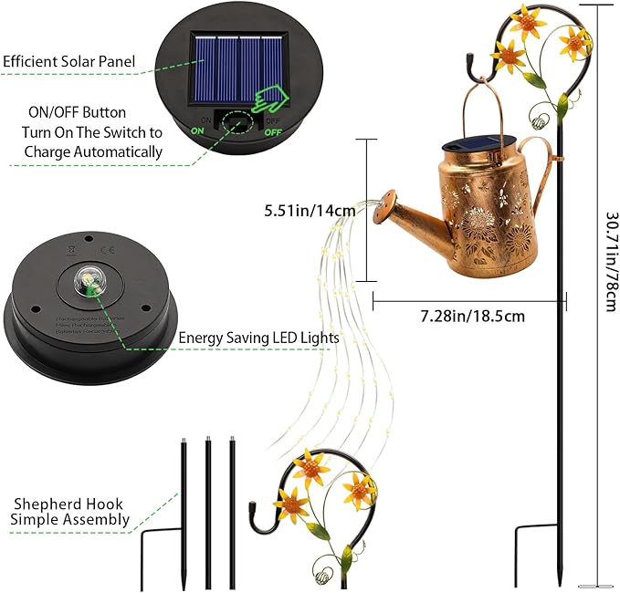 VOOKRY Solar Lights Outdoor Waterproof, Sunflower Metal Solar Watering Can Lights, Gifts for Women Mom Mother's Day, Hanging Lantern Decorative Garden Decor Yard Light for Outside Patio Lawn Porch