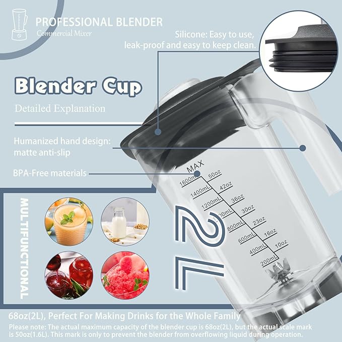 Professional Blenders for Kitchen 2200W High-Powered Blender for Smoothies with 68oz BPA-Free Pitcher, Preset Programs and Timer, Commercial Grade Countertop Blender, Ice Crushing, Shakes