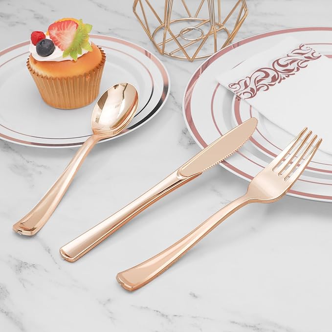 BESTVIP 50 Pack 6.9 Inch Rose Gold Plastic Spoons, Heavy Duty Plastic Silverware, Heavyweight Rose Gold Spoons, Disposable Serving Utensils for Catering, Parties, Dinners, Weddings, Christmas