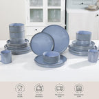 Romswi Ceramic 18Pcs Dinnerware Sets,Stoneware Plates and Bowls Set for 6, Chip & Scratch Resistant Ribbed Dish Set, Handmade Reactive Glaze, Oven, Microwave & Dishwasher Safe, Gray Blue
