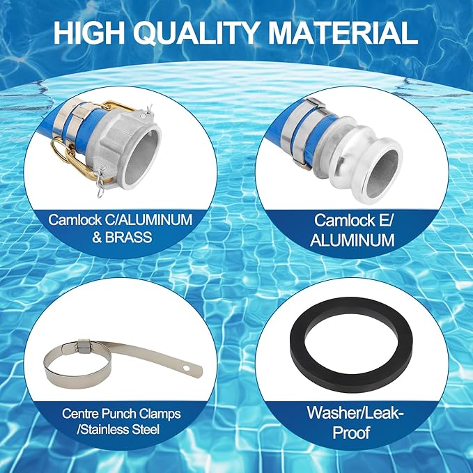1.5" x 50 ft Backwash Hose for Swimming Pools, Heavy Duty PVC Water Lay Flat Discharge Hose,Durable Pool Drain Hose with Aluminum Camlock C and E Fittings for Pump And Filters