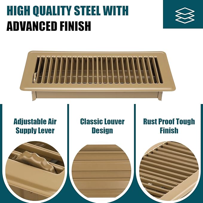 VOISEN Floor Register 4x12, 4 Pack Floor Vent Covers, Steel Adjustable Air Supply Grille Register Vent Cover Grill for Sidewall and Floor, Vent Covers for Home Floor,Brown