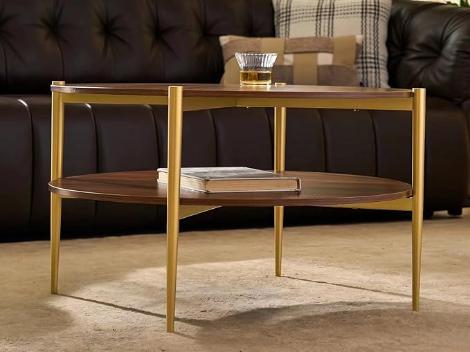 Shrine Round Glass Coffee Table, Mid-Century Modern Design, D30 x H17 in, Two-Tier Round Table with Walnut MDF Shelves, Sleek Conical Metal Legs with Gold Finish