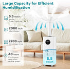 ARLIME Humidifier Large Room 2200 Sq.Ft, 5.5Gal Top Fill Commercial Humidifier w/3 Mist Levels, Extension Tube, 360° Nozzles & Remote Control, Whole House Humidifier w/Wheels for Bedroom, Plants, Gree