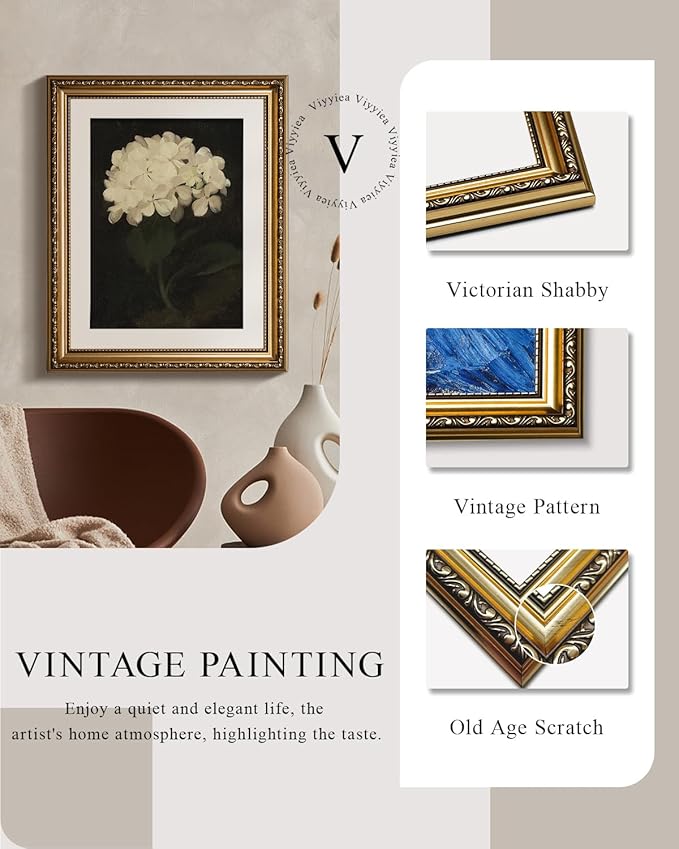 VIYYIEA Gold Framed Wall Art Canvas Print Home Decor Vintage Flower Prints Room Aesthetic White Hydrangea Oil Painting Picture Gifts Bedroom Bathroom Floral Wall Decor Kitchen Farmhouse Office 13x16in