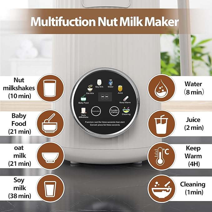 Nut Milk Maker Machine - 8 in 1 Soy Milk Maker Machine 35oz with Self-Cleaning, 18H Delay Start & 4H Keep Warm, Automatic Plant-Based Milk Blender for Almond, Oat, Coconut, Soybean - White