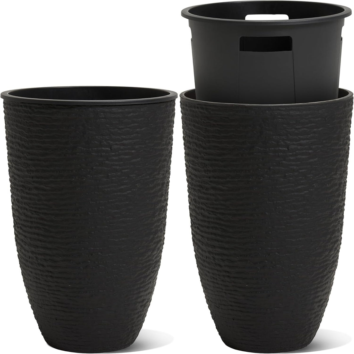 WORTH Garden 2-Pack 21" H. Black Tall Planters with Inside Pots - 14'' Dia Plastic Large Round Plant Tree Pots - Decorative Imitation Stone Finish for Indoor Outdoor Front Porch Container Patio