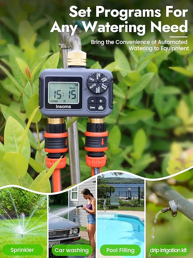 Insoma 2-Zone Water Timer Brass Inlet/Outlet, Programmable Outdoor Hose Faucet Timers with Auto/Manual Modes + Rain Delay, Waterproof Sprinkler Timer for Garden, Lawn, Yard, Pool | Save Water & Money