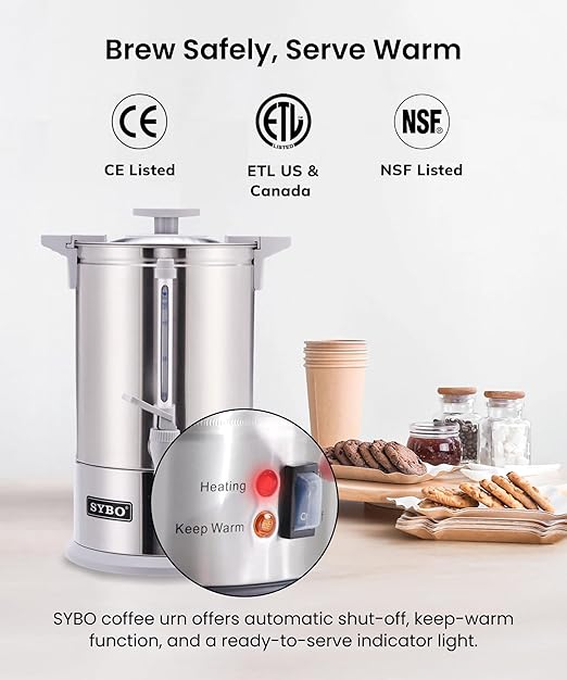 SYBO SR-CP100BG Commercial Coffee Urn & Hot Beverage Dispenser, Fast Brew, Keeps Warm – Ideal for Coffee, Tea, Water at Events & Catering, 100-Cup 16 L, Grey