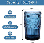 Vintage Glassware Drinking Glasses Set of 6,13 oz Blue Textured Flower Design Glass Water Tumblers，Embossed Striped Drinkware for Water,Cocktails,Juice,Iced Coffee