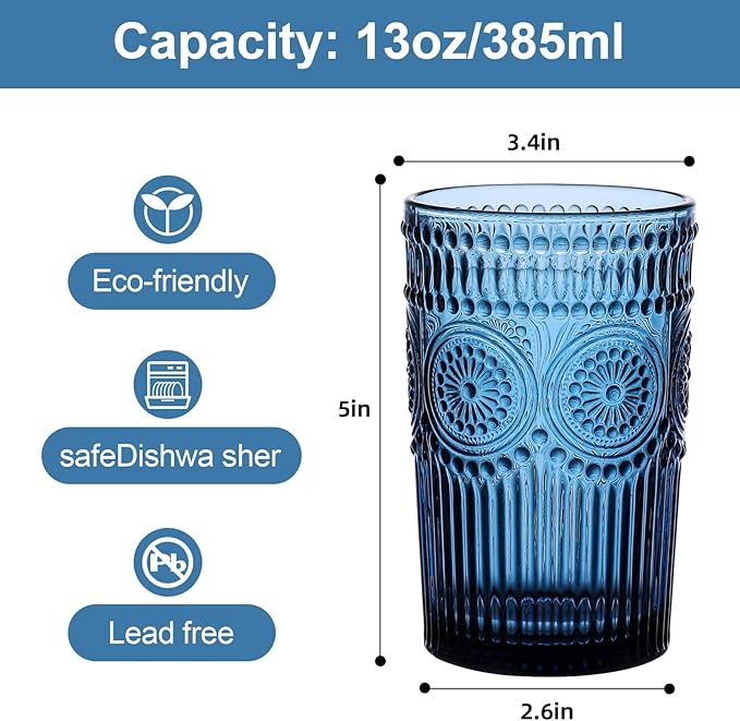 Vintage Glassware Drinking Glasses Set of 6,13 oz Blue Textured Flower Design Glass Water Tumblers，Embossed Striped Drinkware for Water,Cocktails,Juice,Iced Coffee