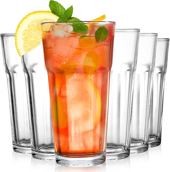 Yopay Set of 6 Drinking Glasses 16oz, Thick Tempered Water Glasses, Lead-Free Highball Pint Clear Iced Hot Tea Glassware for Juice, Beer, Cocktails Milkshake, Soda Tumbler