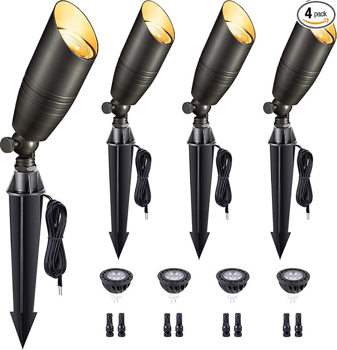 Brass Landscape Lighting - Low Voltage Spotlights Outdoor LED, 12V Wired Uplights, Waterproof Spot Lights, Bronze for Outside Trees with 5W 5000K Daylight MR16 Bulb (4 Pack)